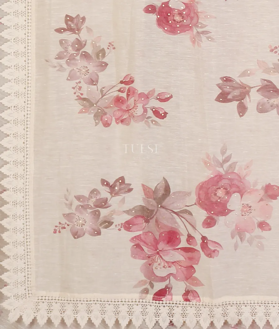 White Linen Printed Saree With Lace Border T5642864