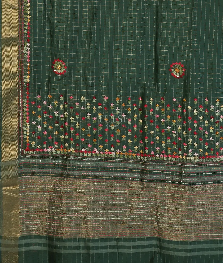 Green Linen Embroidery Saree T5491374