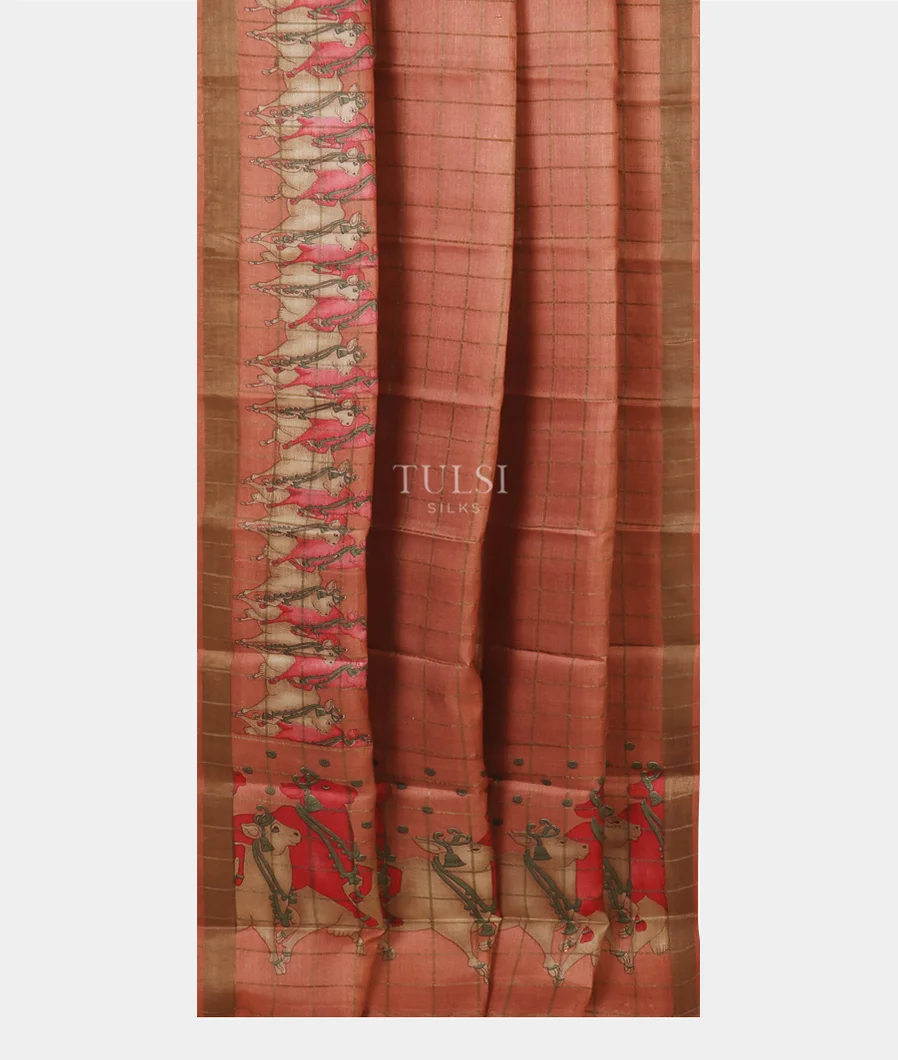 Salmon Pink Tussar Printed Saree T5586482