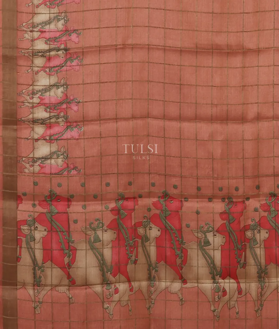 Salmon Pink Tussar Printed Saree T5586484