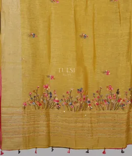 Yellow Linen Embroidery Saree T5590184