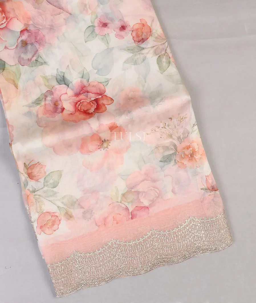 Off-White Kora Organza Printed Saree T565830-image