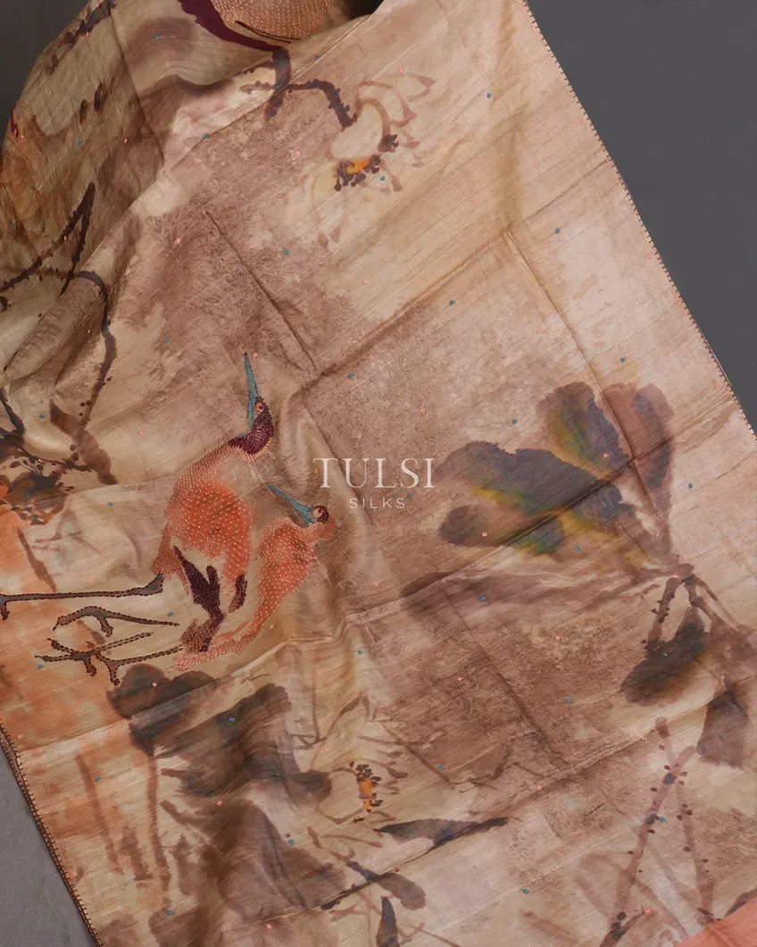 Beige Tussar Printed Saree T5643094