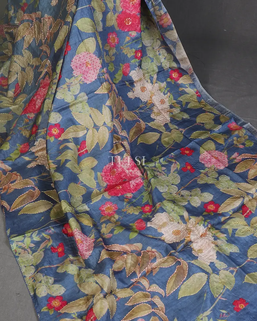 Blue Tussar Printed Saree T5643344