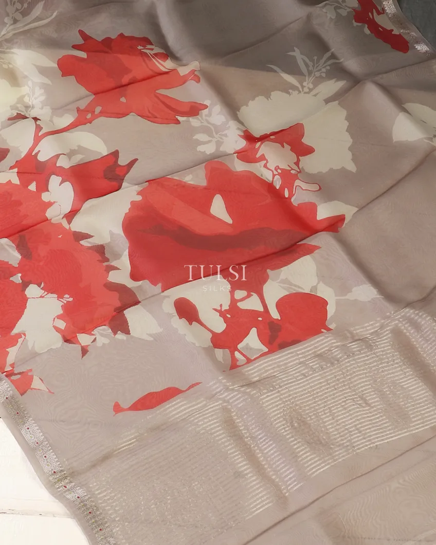 Grey Kora Organza Printed Saree T5651854