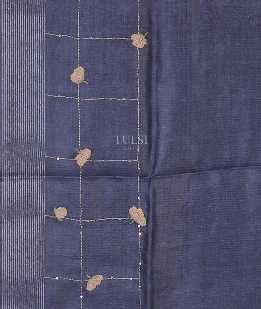 Blue Tussar Embroidery Saree T5654423