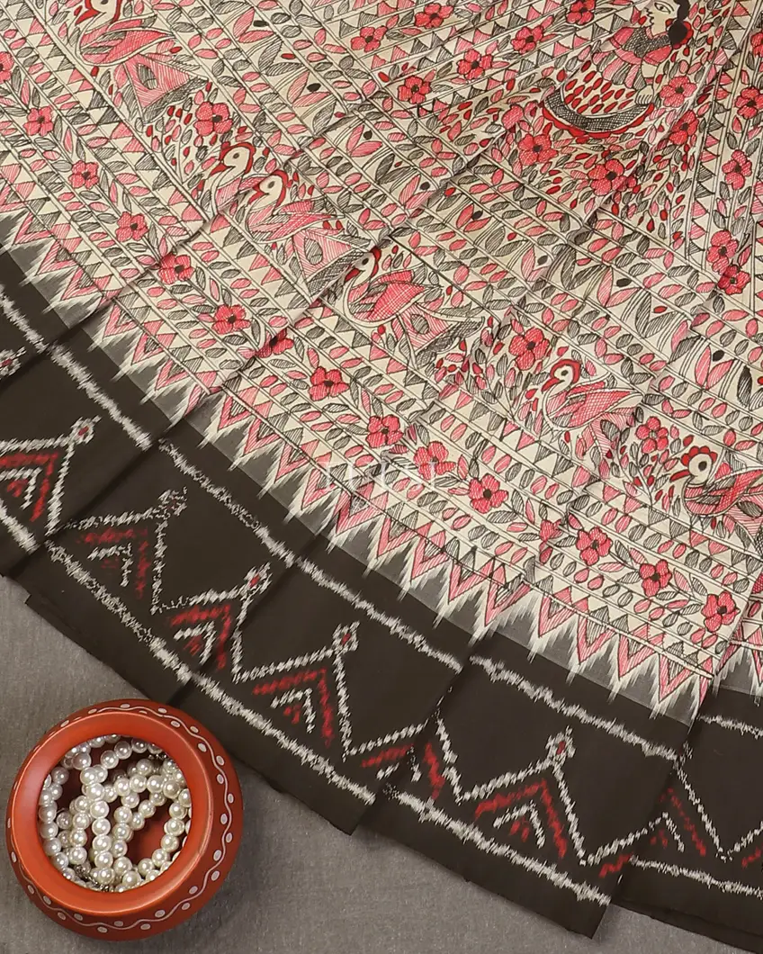 Off - White Ikat Silk Saree T5702254