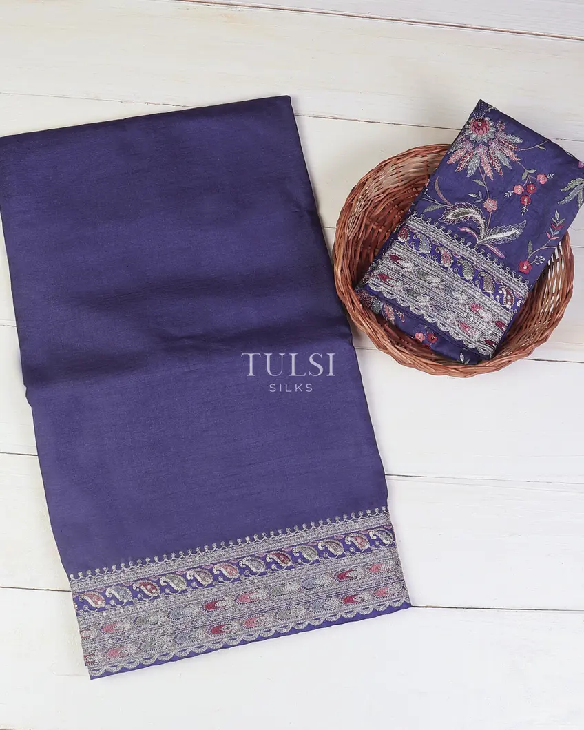 Blue Tussar Embroidery Saree T572056-image