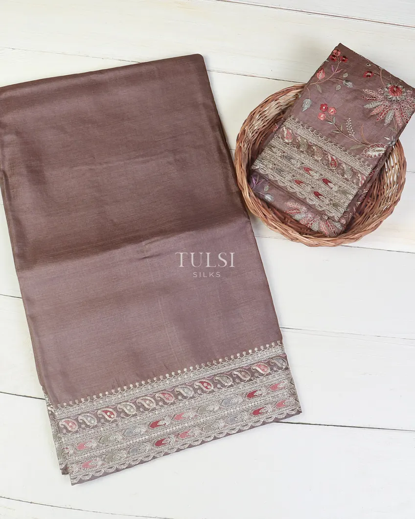 Greyish Mauve Tussar Embroidery Saree T572052-image