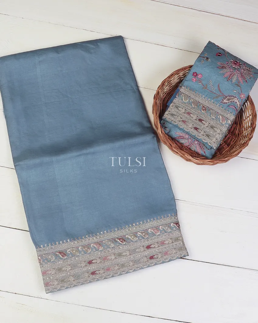Steel Blue Tussar Embroidery Saree T572054-image