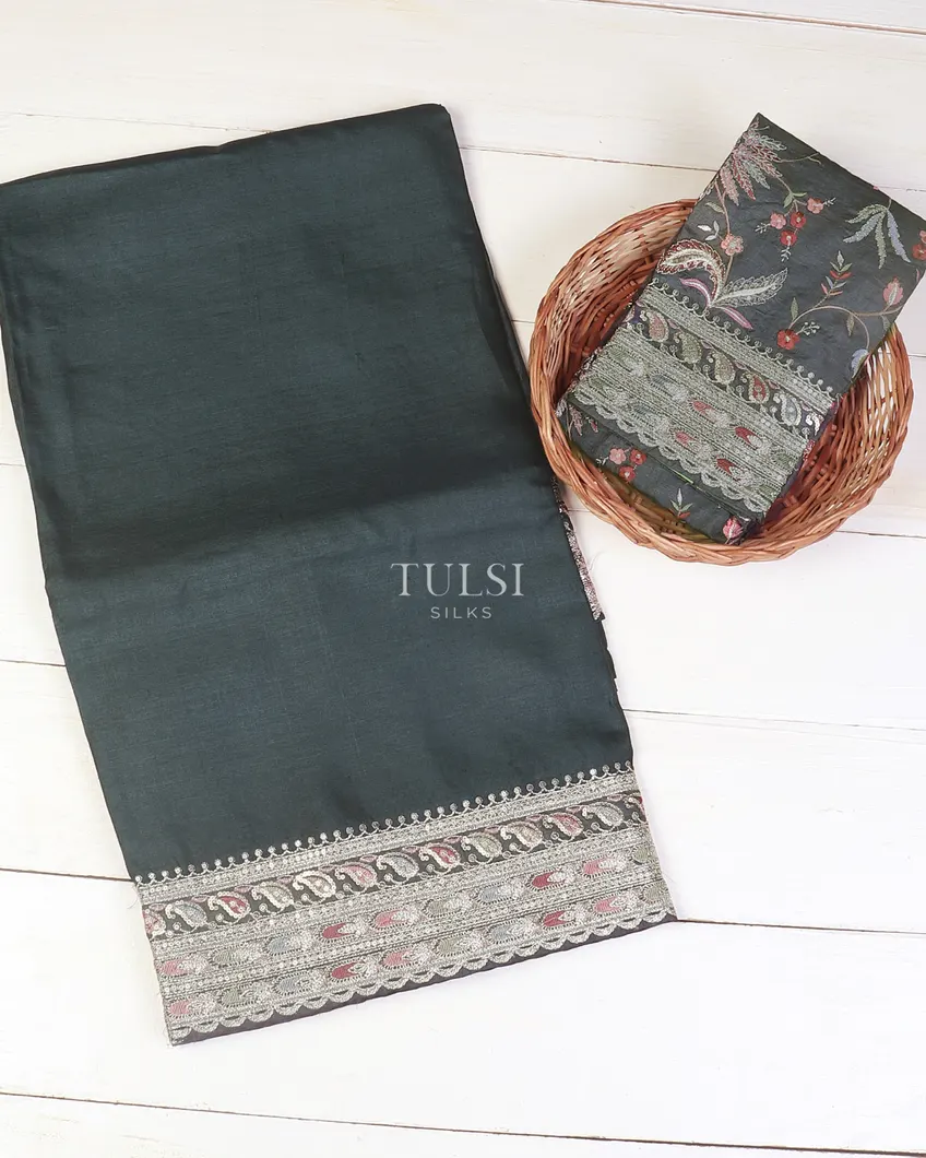 Dark Grey Tussar Embroidery Saree T572053-image