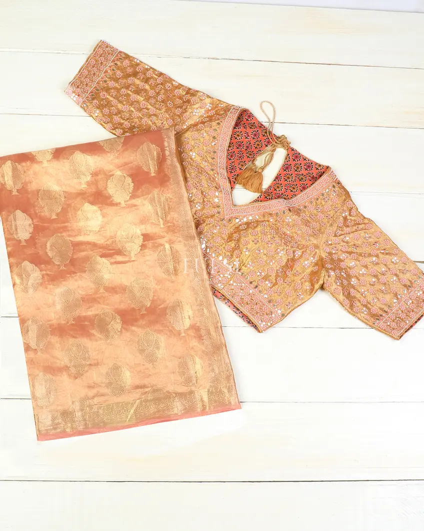 Peach Kora Tissue Organza Embroidery Saree T569351-image