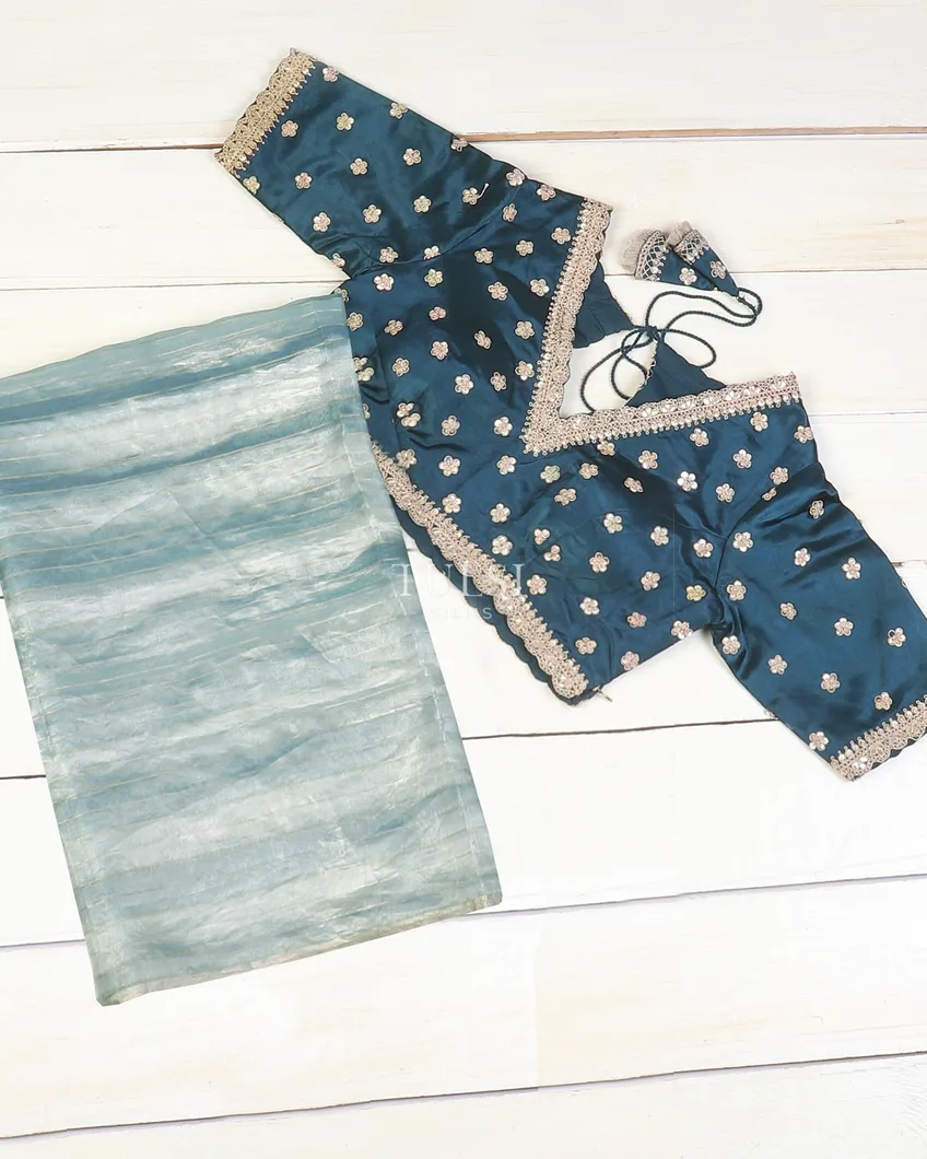 Greyish Blue Kora Tissue Organza Embroidery Saree T569395-image