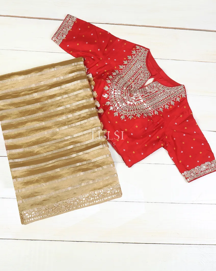 Golden Beige Kora Tissue Organza Embroidery Saree T569387-image