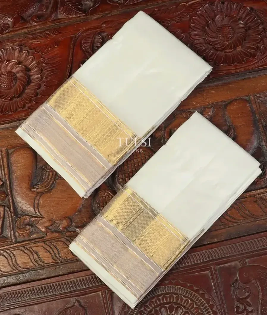 White Handwoven Kanjivaram Silk Dhoti and Vastharam T491391-image