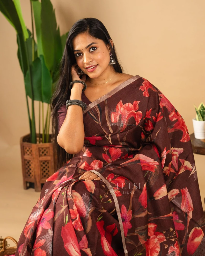 Brown Tussar Printed Saree T520291-image