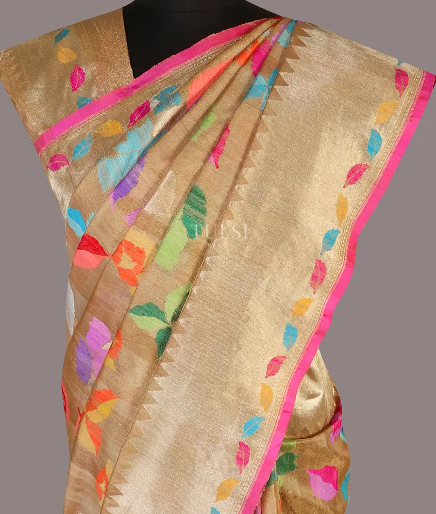 Buy BANARASI PATOLA Pink Pink And Antique Zari Weaved Cotton Silk Saree  With Traditional Zari Mughal Buta And Border Pattern With Blouse Piece