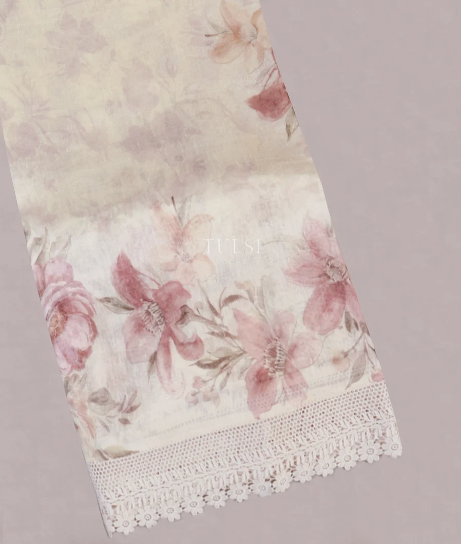 Off - White Linen Printed Saree With Lace Border T578782-image