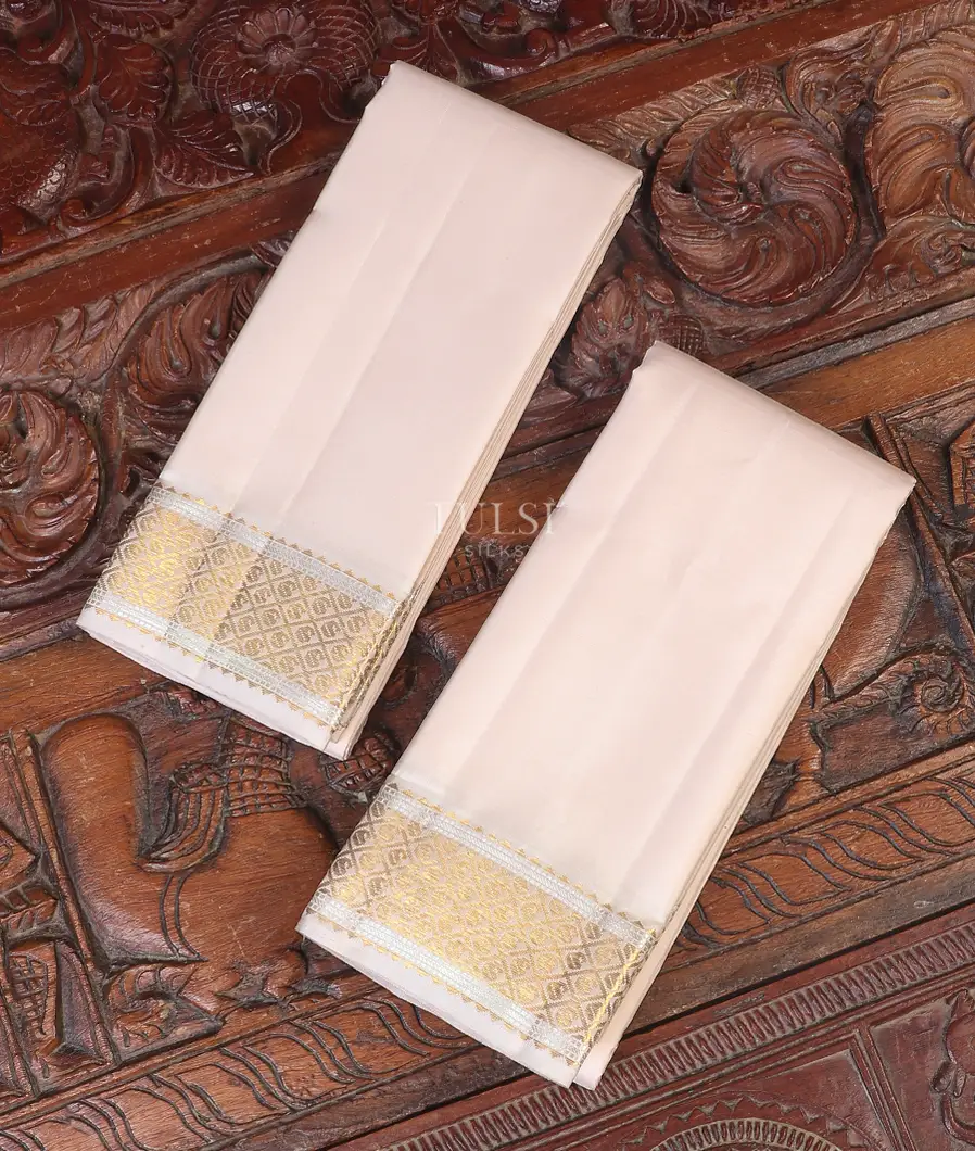 Cream Handwoven Kanjivaram Silk Dhoti and Vastharam T572554-image