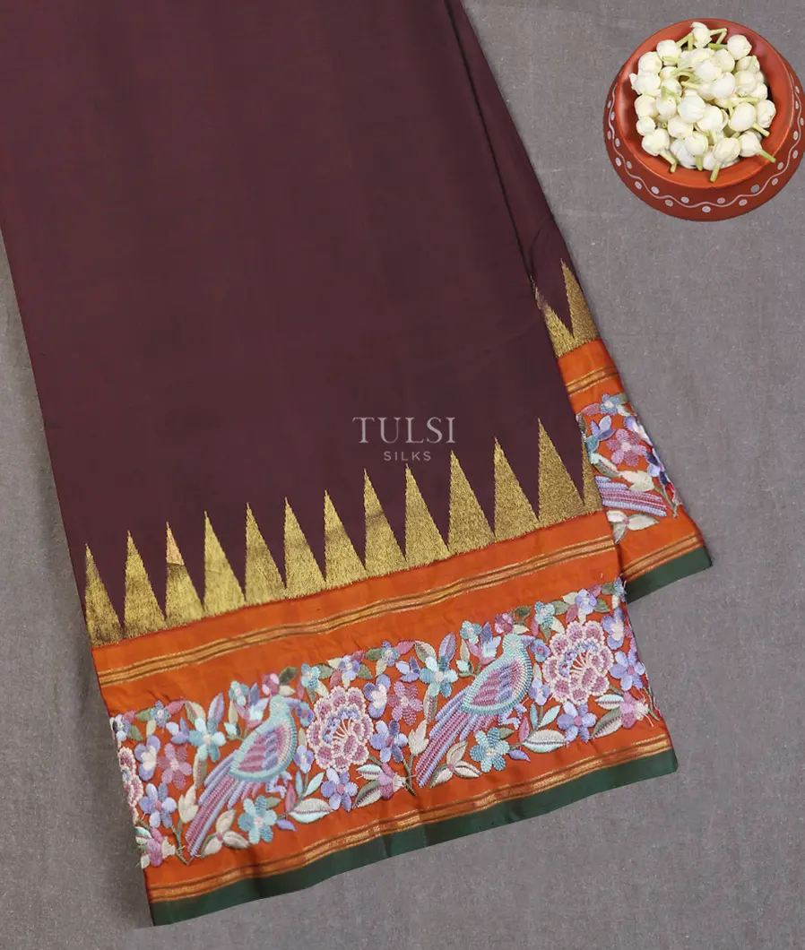 Deep Brown Kanjivaram Embroidery Silk Saree T549048-image
