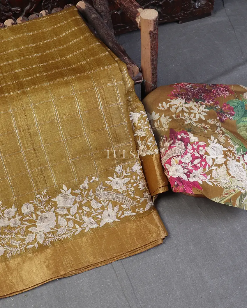 Golden Brown Tussar Embroidery saree T562909-image