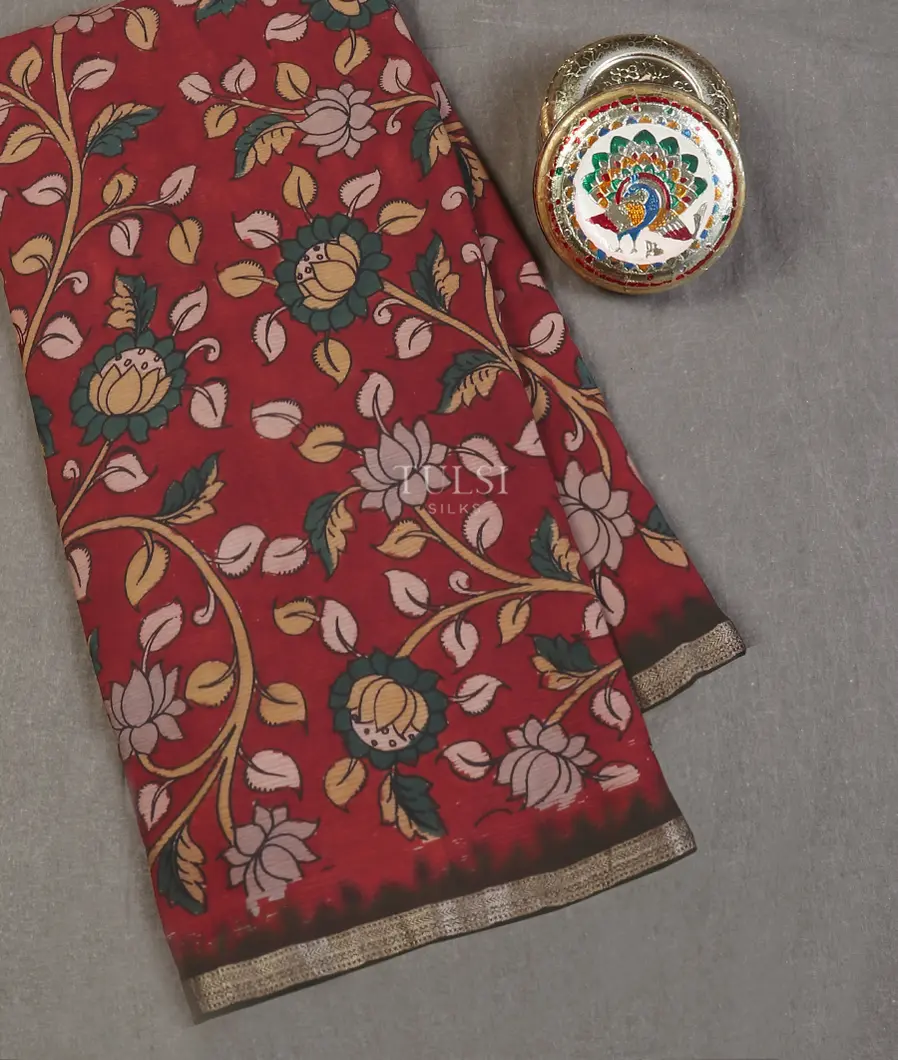 Red Crepe Kalamkari Handpainted Saree T560061-image