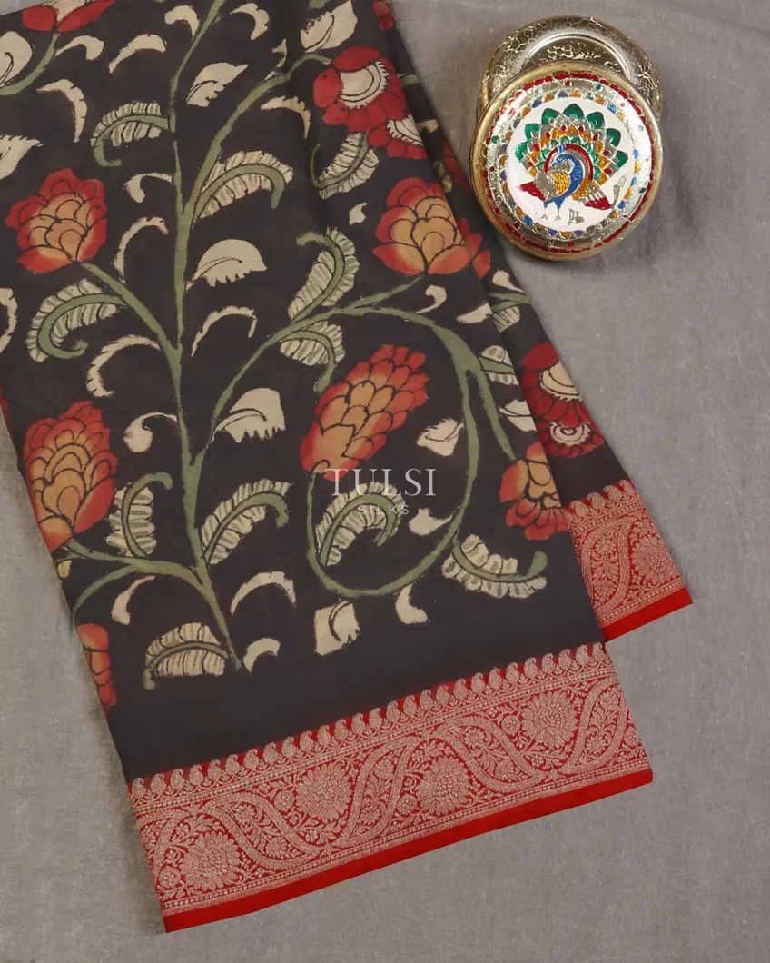 Black Georgette Kalamkari Handpainted Saree T560016-image
