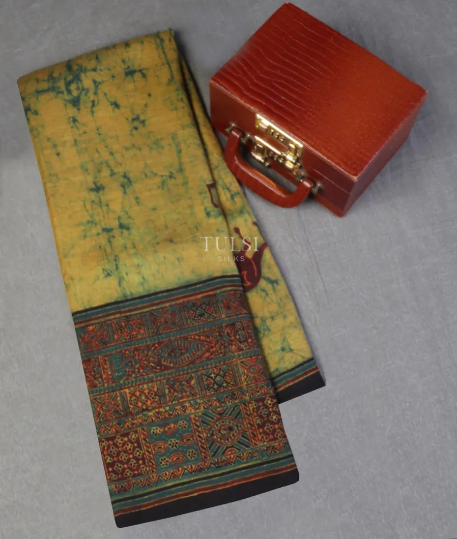 Yellowish Green Ajrakh Silk Saree T572481-image