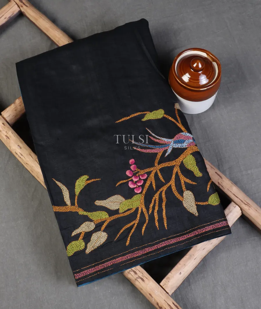 Black Tussar Kantha Work Saree T577501-image