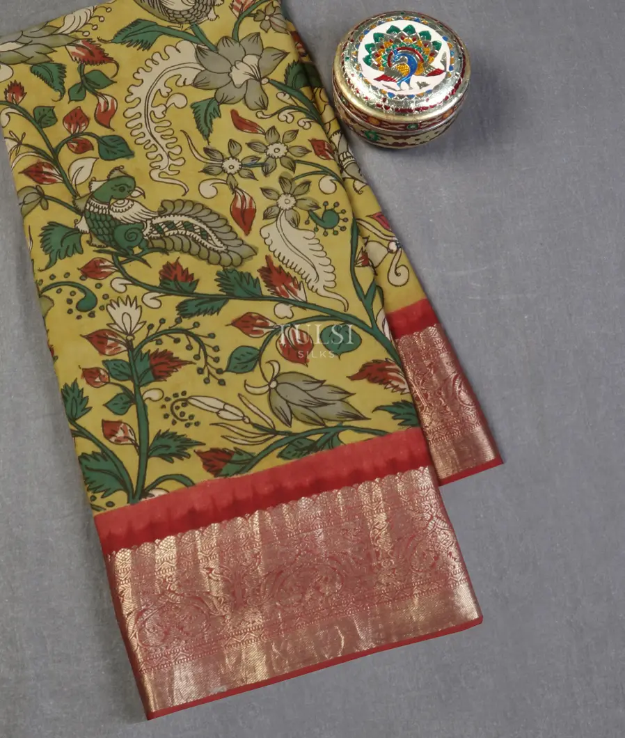 Light Yellow Kanjivaram Kalamkari Handpainted Saree T570035-image