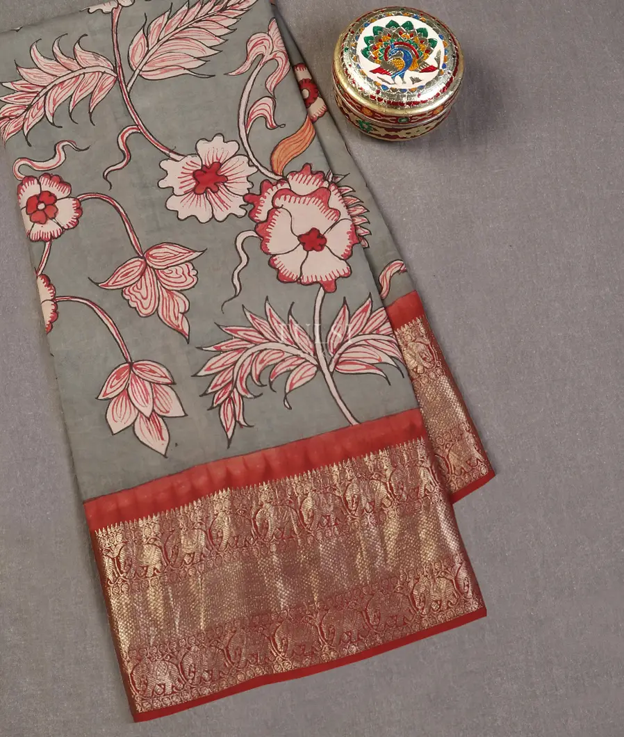 Grey Kanjivaram Kalamkari Handpainted Saree T570041-image