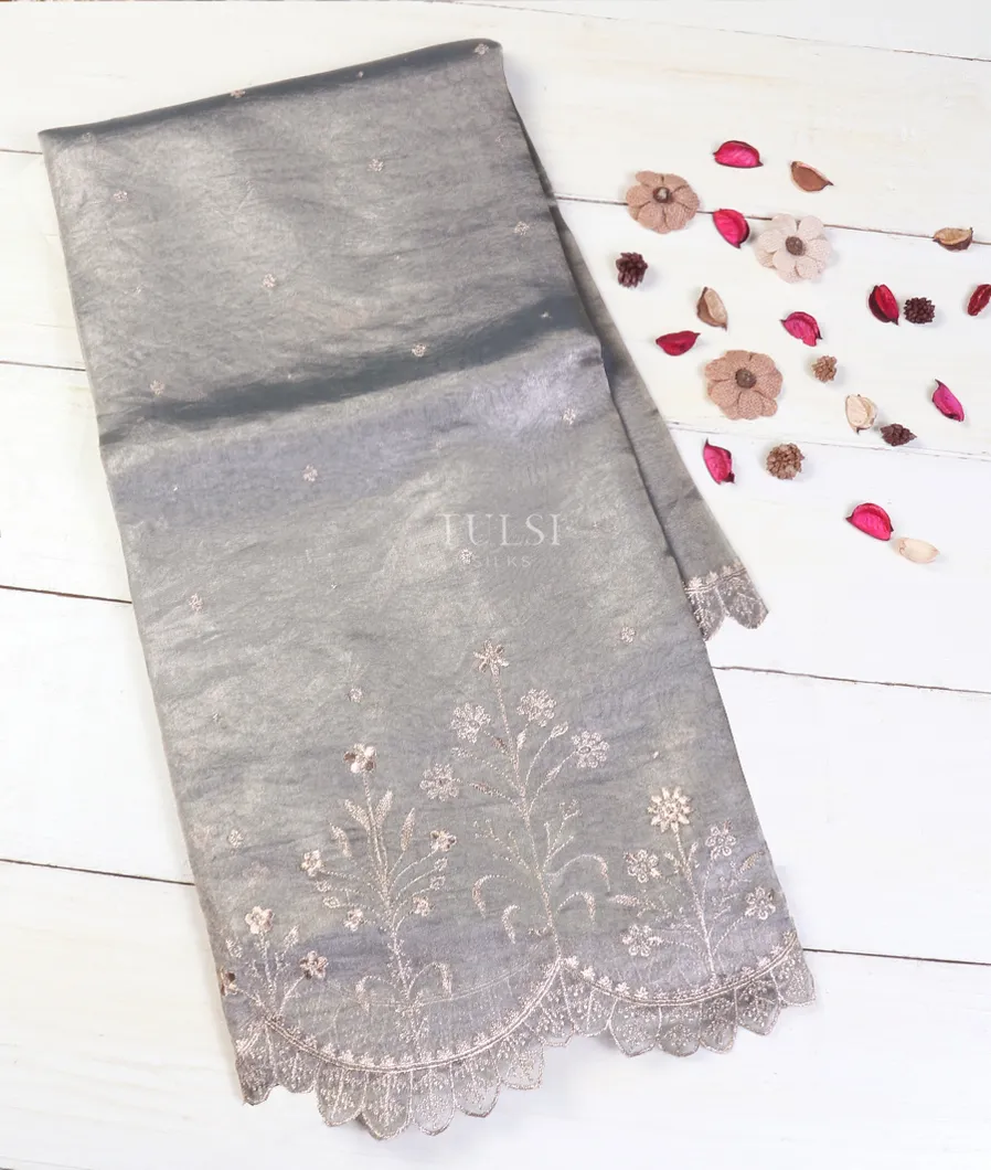 Bluish Grey Kora Tissue Organza Embroidery Saree T575755-image