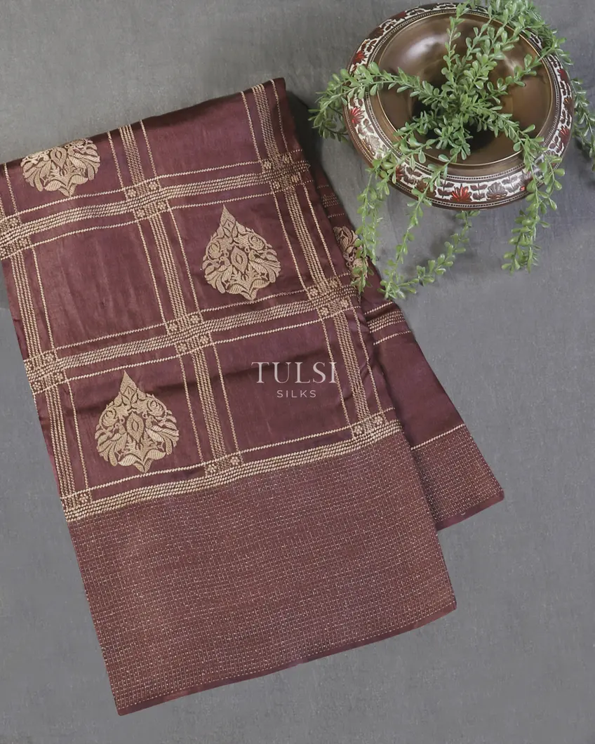 Purplish Brown Tussar Embroidery saree T577499-image