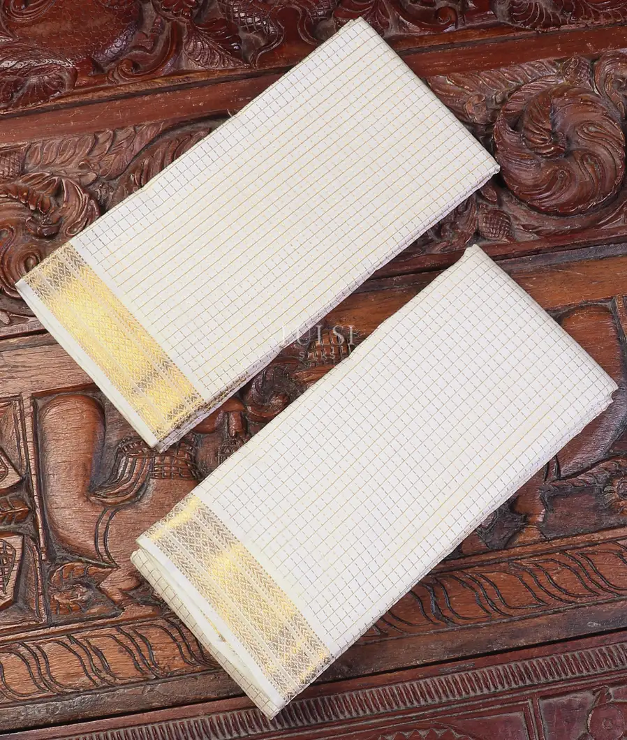 Off - White Handwoven Kanjivaram Silk Dhoti and Vastharam T573014-image