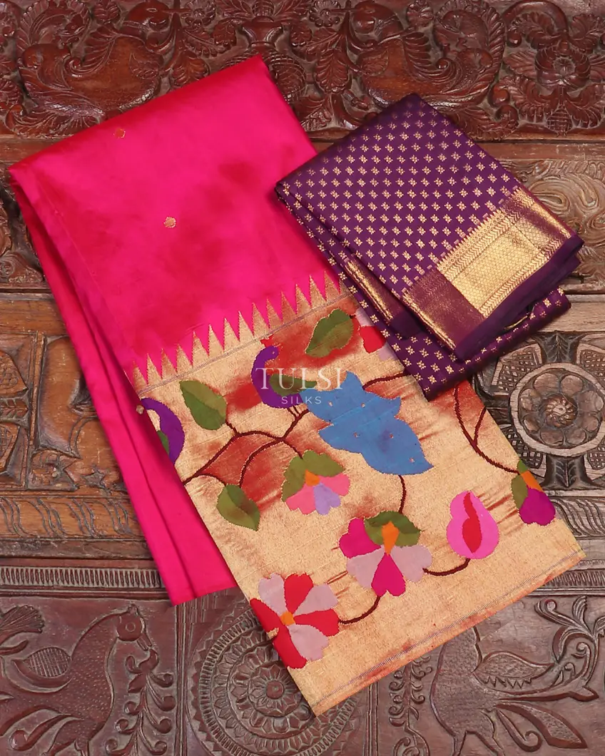 Pink Paithani Pavadai T568940 And Purple Kanjivaram Silk Dupatta T563592 ( Without Blouse )-image