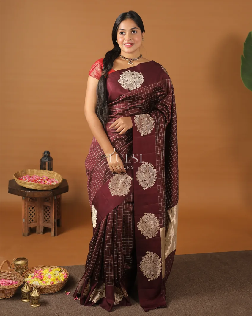Deep Brown Banaras Silk Saree T574386-image