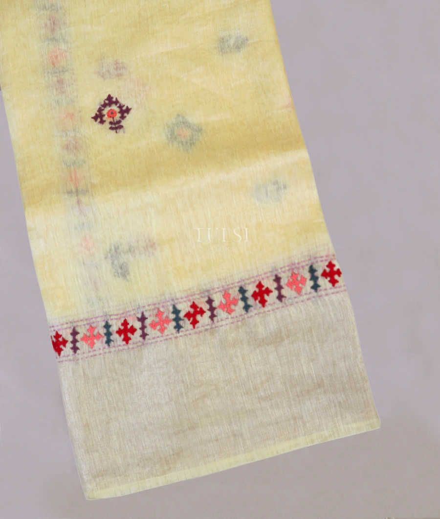 Pale Yellow Linen Embroidery Saree T559028-image
