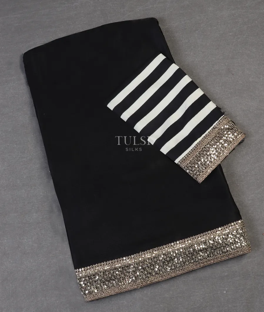 Black Crinkle Crepe Embroidery Silk Saree T572071-image