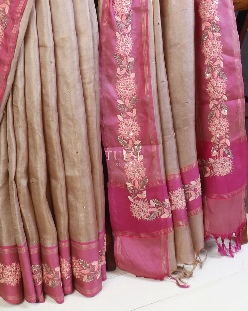 Beige Tissue Tussar Embroidery Saree T584029-image