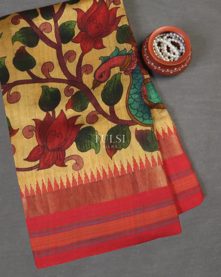 Yellow Tussar Hand Painted Saree T585022-image