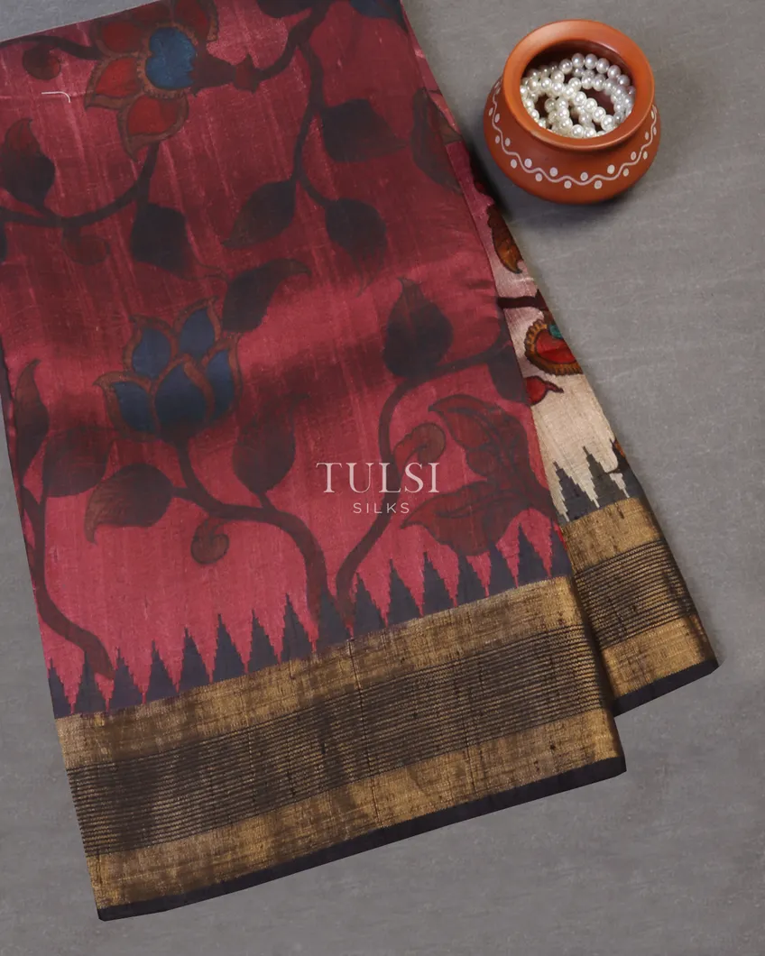 Purplish Red Tussar Hand Painted Saree T585020-image