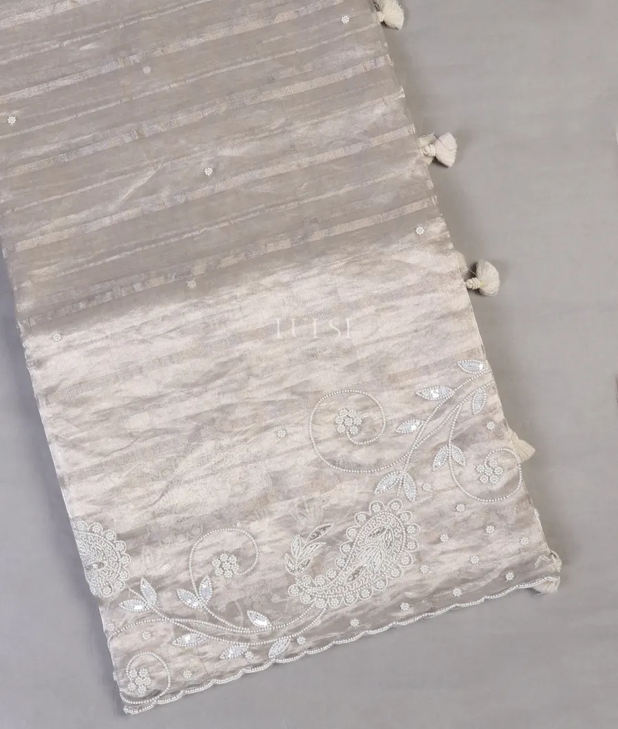 Silver Grey Kora Tissue Organza Embroidery Saree T565741-image