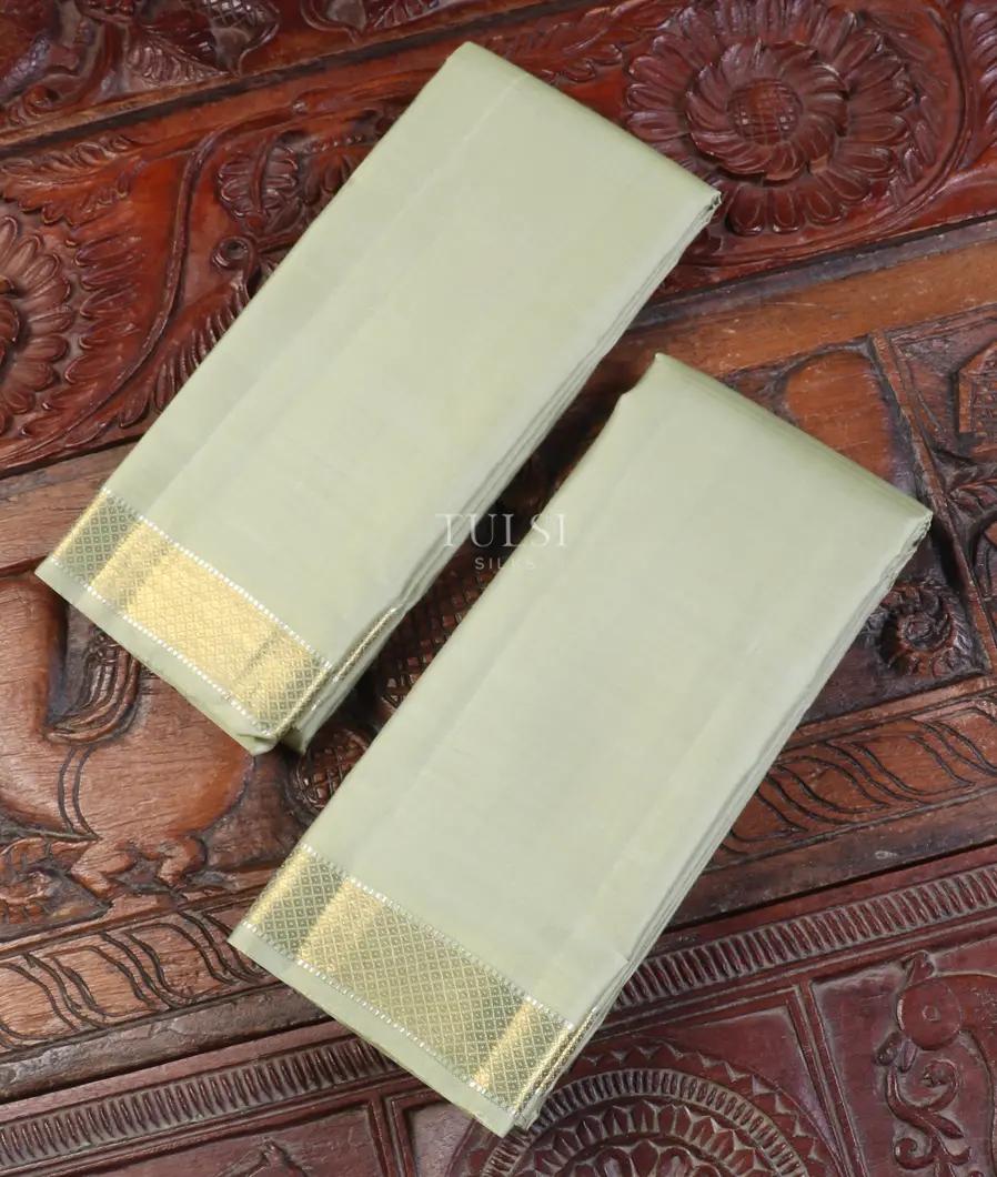 Greenish Grey Handwoven Kanjivaram Silk Dhoti and Vastharam T582451-image
