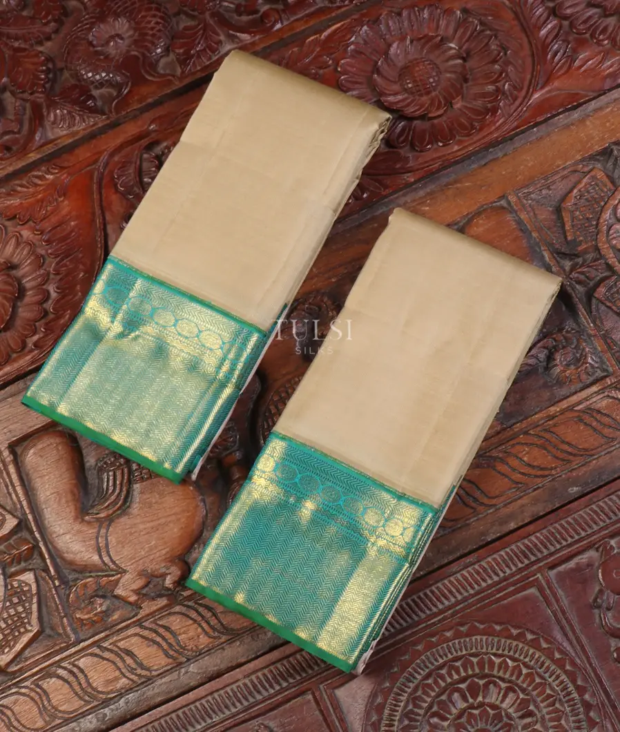 Light Beige Handwoven Kanjivaram Silk Dhoti and Vastharam T582370-image