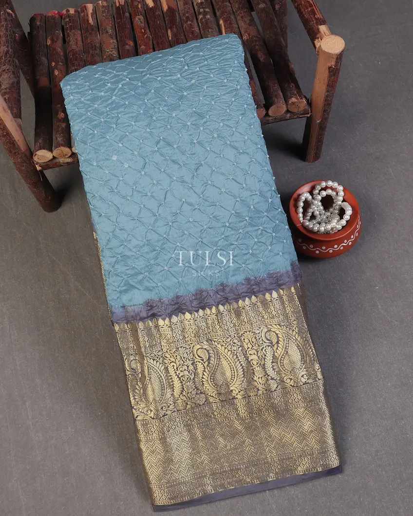 Greyish Blue Bandhani Chaniya Silk Saree T569032-image