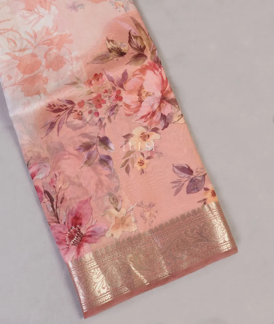 Peach And Off - White Kora Organza Printed Saree T519747-1-image