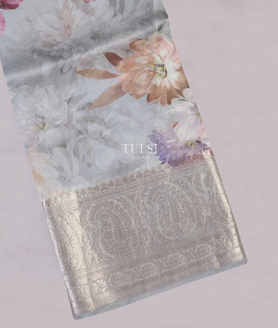 Grey Kora Organza Printed Saree T519751-1-image