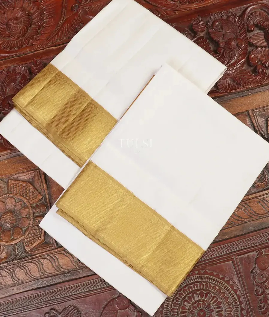 White Handwoven Kanjivaram Silk Dhoti and Vastharam T551176-1-image