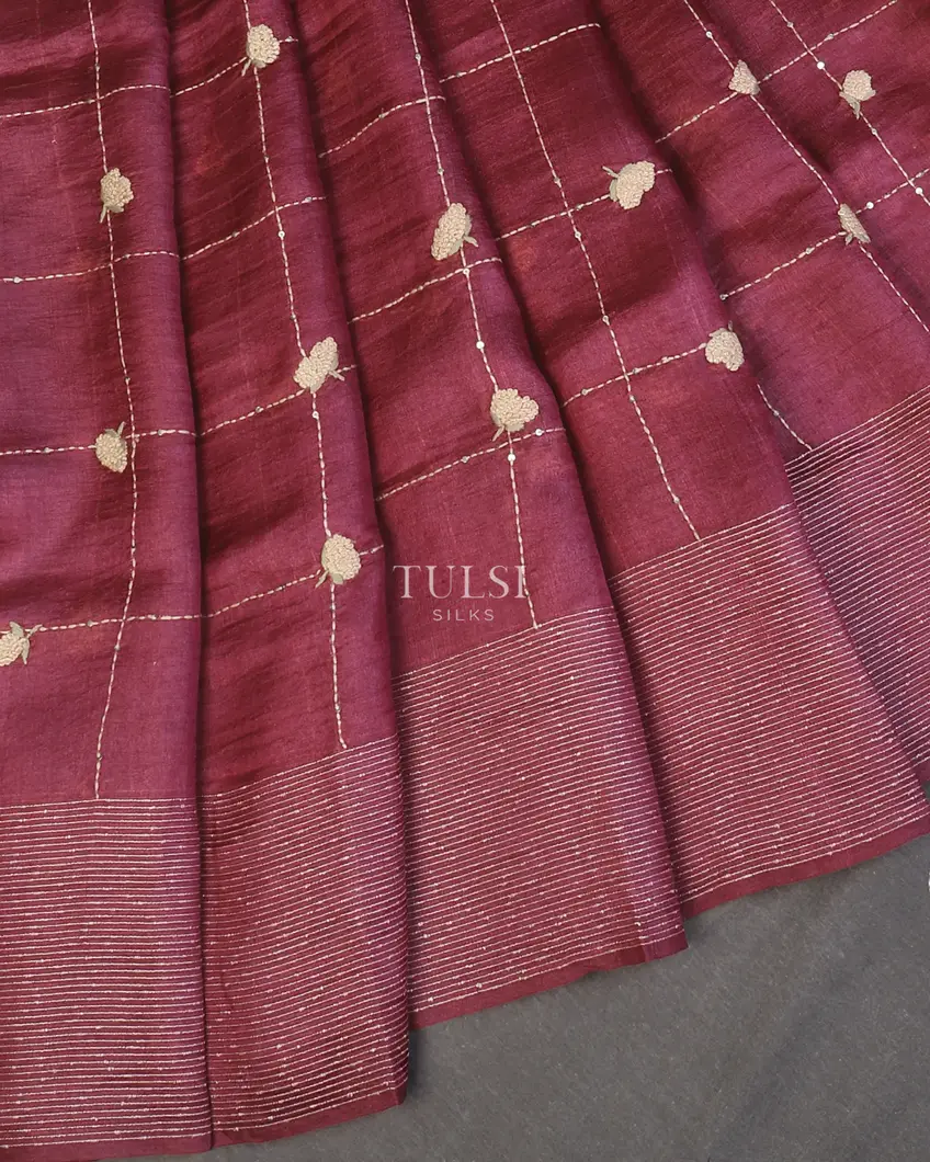 Burgundy Tussar Embroidery Saree T584054-image