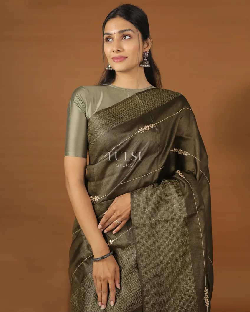 Brown Tussar Embroidery Saree T570641-image